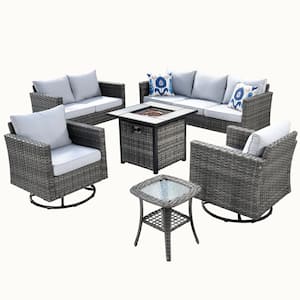 Michigan 6-Piece Wicker Outdoor Patio Fire Pit Seating Sofa Set and with Gray Cushions and Swivel Rocking Chairs