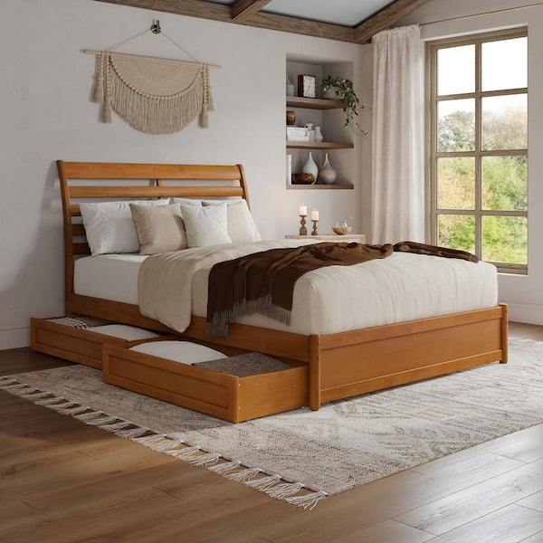 Emelie Light Toffee Natural Bronze Solid Wood Frame Queen Platform Bed with Panel Footboard and Storage Drawers