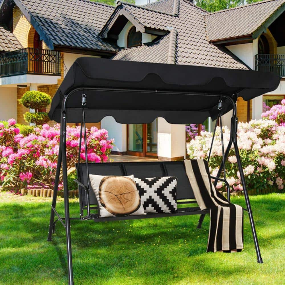 Black Powder Coated Steel 3-Person Outdoor Patio Swing with Adjustable Canopy
