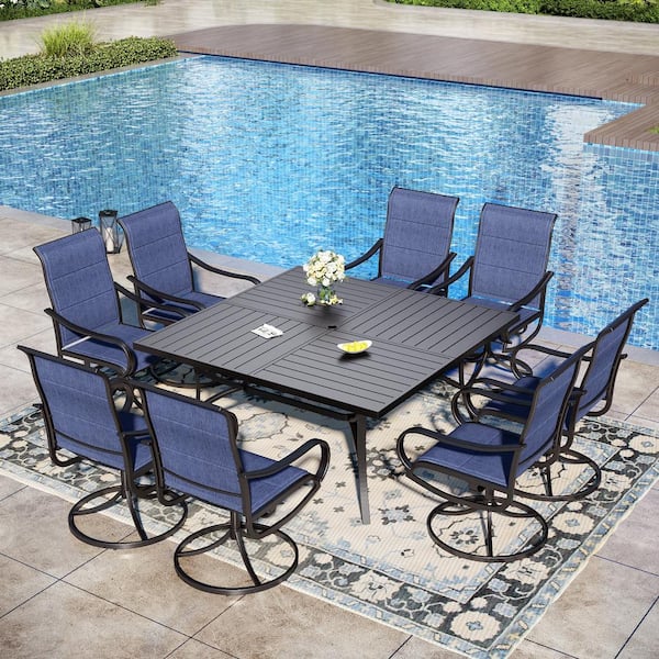 Black 9-Piece Metal Outdoor Patio Dining Set with Slat Extra-Large Square Table and Padded Blue Textilene Swivel Chairs