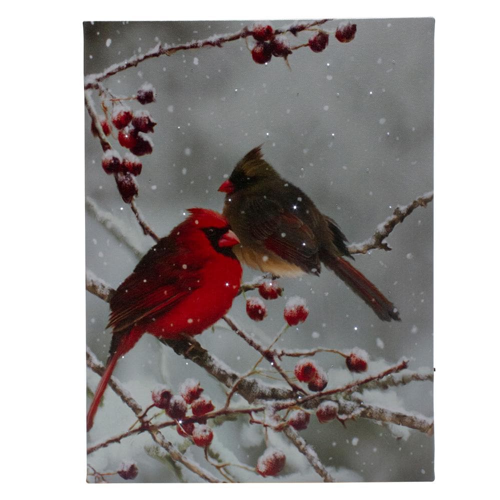 Northlight 15.75 in. x 11.75 in. Canvas Lighted Red Cardinals and Berries Christmas Wall Art -  34315075