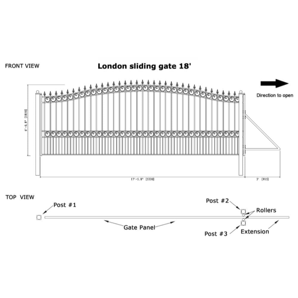 London Style Black Steel Dual Swing Driveway Gate 18 x 6 Feet