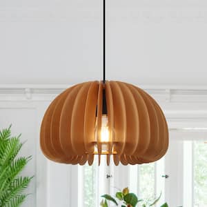 1-Light Black and Natural Geometric Pendant Light Chandelier with Wooden Shade for Dining Room with No Bulbs Included