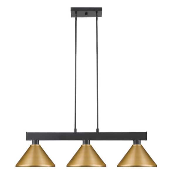 Unbranded Cobalt 3-Light Matte Black with Metal Satin Gold Shade Billiard Light with No Bulbs Included