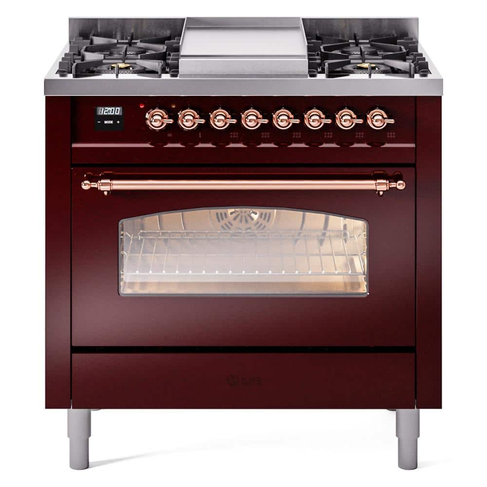 Nostalgie II 36 in. 6 Burner plus Griddle Freestanding Dual Fuel Natural Gas Range in Burgundy with Copper Trim -  ILVE, UP36FNMPBUP