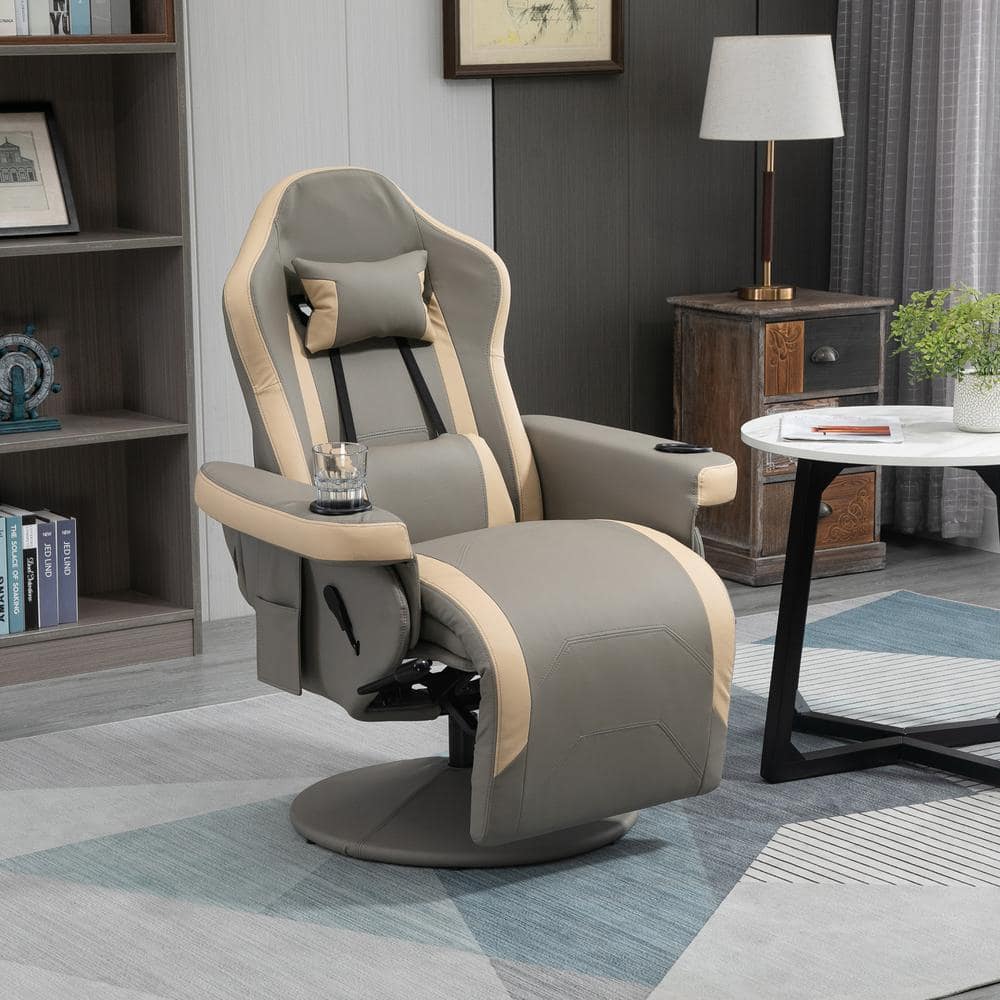 Gray and Beige Faux Leather Swivel Recliner with Metal Base