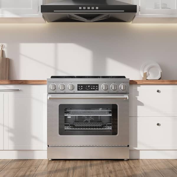 36 in. 6-Burners Slide-in Gas Range in Stainless Steel with Air Fry Technology and Steam Clean