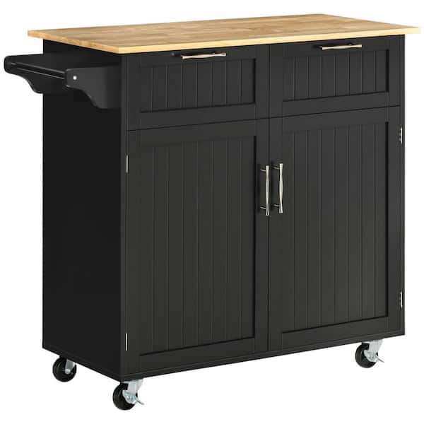 Sudzendf Black Wood 41 in. Kitchen Island with Rubberwood Top and Drawers