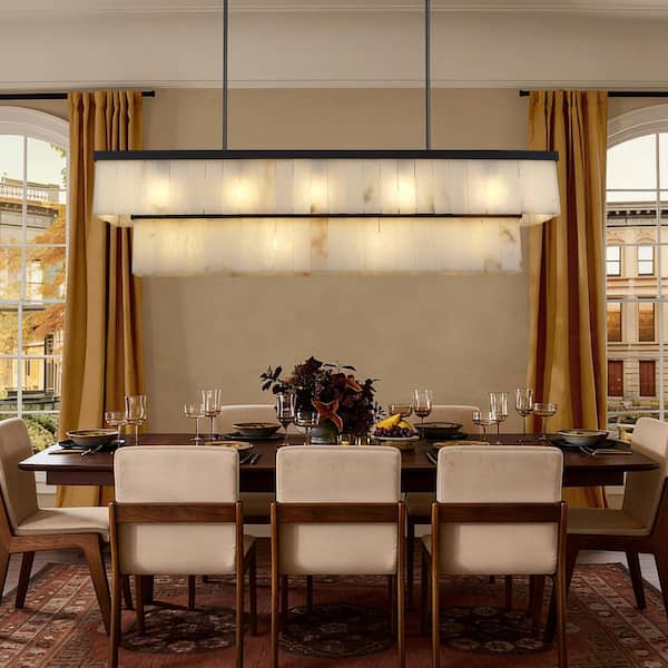 54 in. 16-Light Dimmable Black Alabaster Chandelier, 2-Tier Rectangle Kitchen Island Chandelier, for Dining Room, Foyer