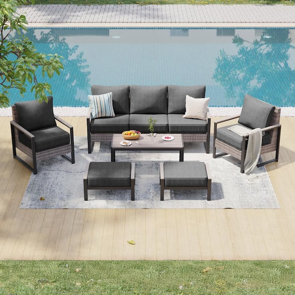 6 Pieces Patio Conversation Set Sofa Set with Coffee Table Gray PE Wicker with Black Cushion