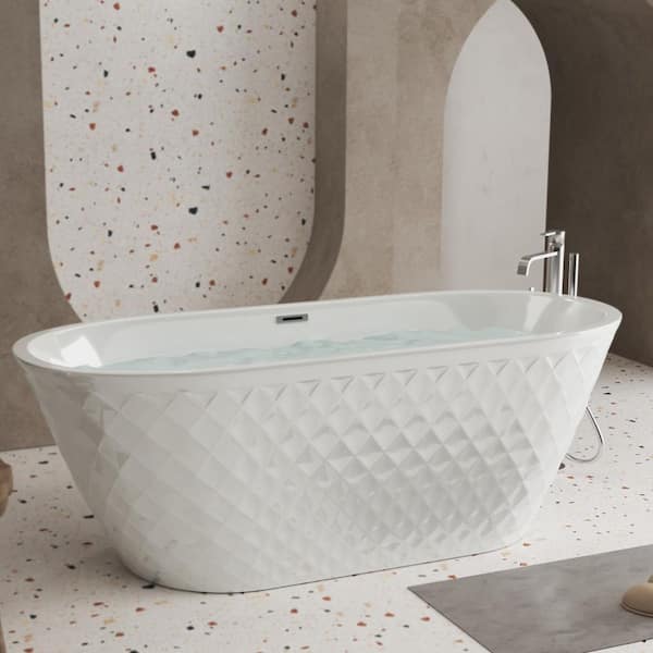 WELLFOR 67 in. x 31.5 in. Acrylic Soaking Diamond Pattern Freestanding Bathtub with Chrome Drain in Gloss White
