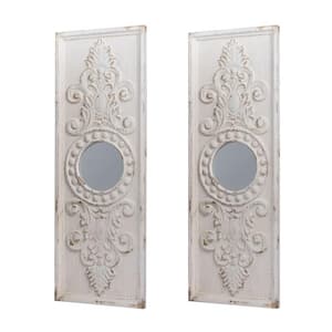 Anky Set of 2 Large Wooden Wall Art Panels with Distressed White Finish and Round Mirror Accents