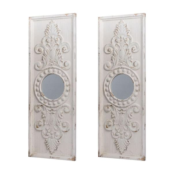 Miscool Anky Set of 2 Large Wooden Wall Art Panels with Distressed White Finish and Round Mirror Accents