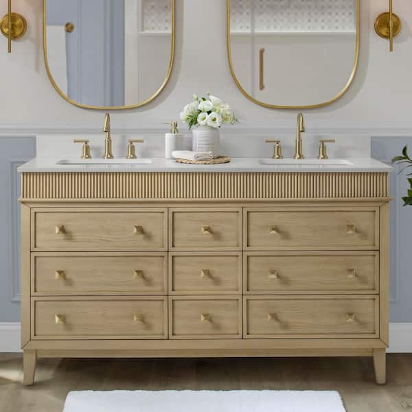 Home Decorators Collection Danby 60 in. Double Sink Platinum Oak Bath Vanity with White Engineered Marble Top (Assembled)