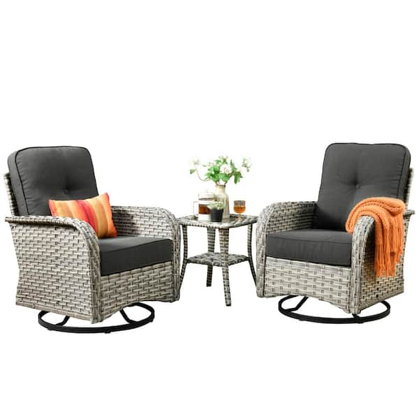 Charlotte 3-Piece Wicker Outdoor Rocking Chair with Black Cushions