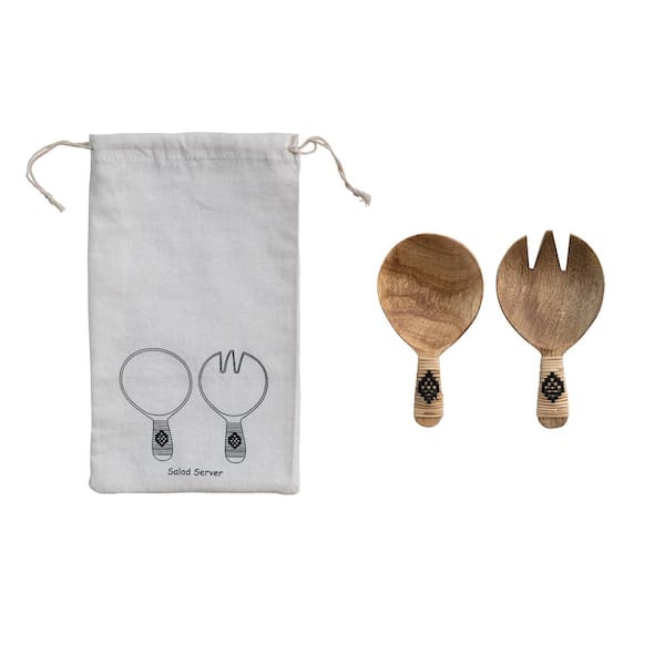 Storied Home 2-Piece Farmhouse Mango Wood Salad Servers with Bamboo Wrapped Handles