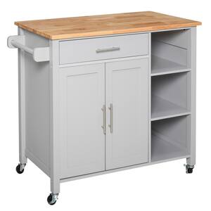 Grey Wooden Rolling Kitchen Storage Island with Wheels and Drawer