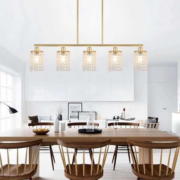5-Light Gold Rectangular Linear Chandelier with Crystal Shade for Dining Room Living Room