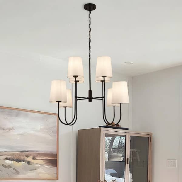PAKOKULA 8-Light Matte Black Sputnik Chandelier with White Fabric Shade for Living Room Bedroom