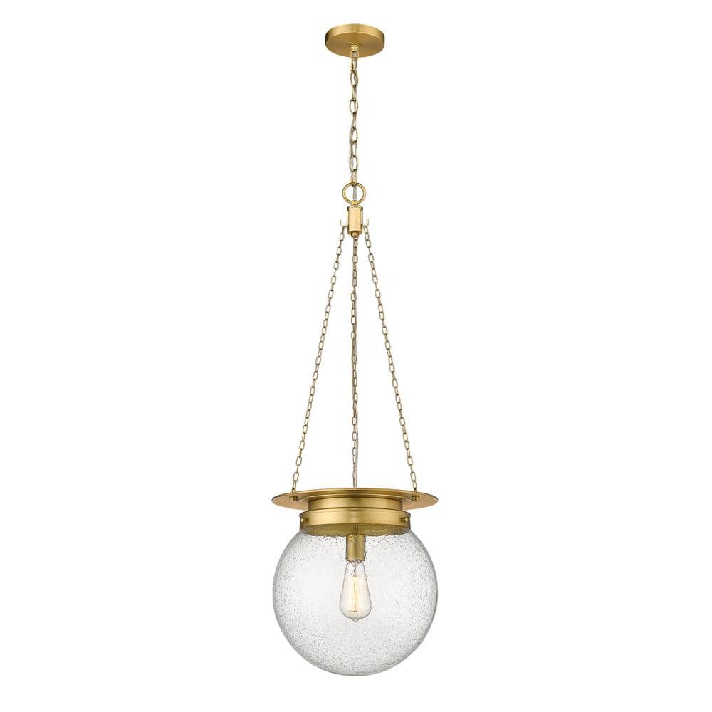 Calhoun 13 in. 1-Light Heritage Brass Pendant Light with Clear Seedy Glass 