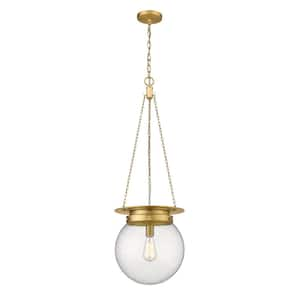 Calhoun 13 in. 1-Light Heritage Brass Pendant Light with Clear Seedy Glass Shade with No Bulbs included