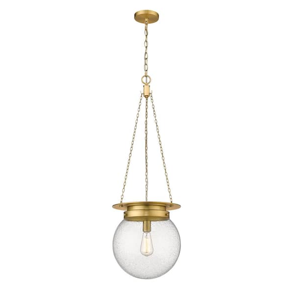 Unbranded Calhoun 13 in. 1-Light Heritage Brass Pendant Light with Clear Seedy Glass Shade with No Bulbs included