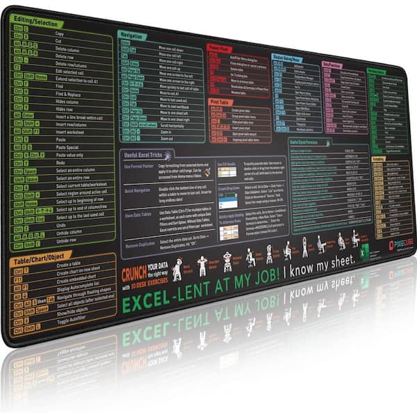 Excel Shortcut Keys Mouse Pad-Extended Large XL Cheat Sheet Gaming Mousepad, Non-Slip Stitched Edge in Black