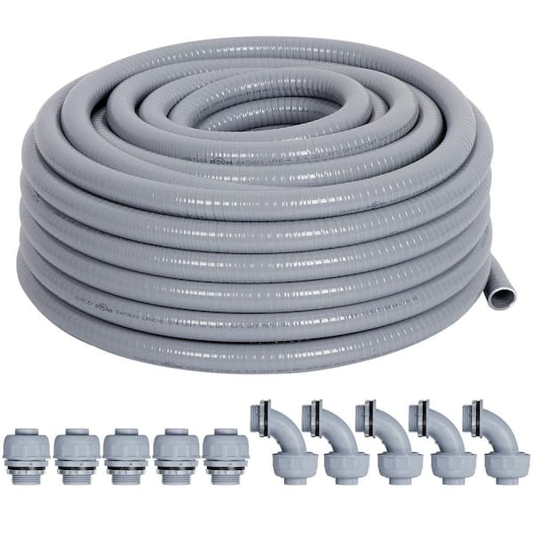 Etokfoks 3/4 in. x 25 ft. Gray PVC Flexible Liquid Tight ENT (Electrical Nonmetallic) Conduit with 5 Conduit Connector Fittings
