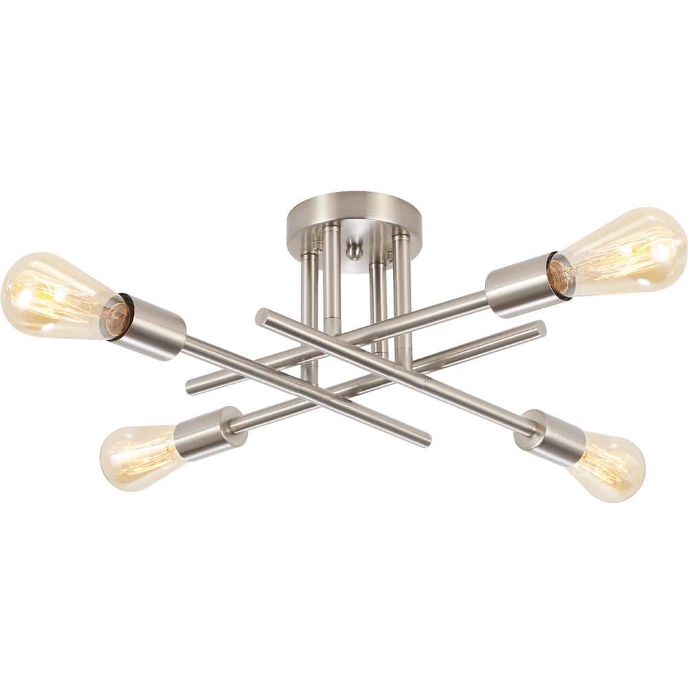 Modern 18.5 in. 4-Light Nickel Sputnik Linear Semi- Flush Mount Ceiling Lig