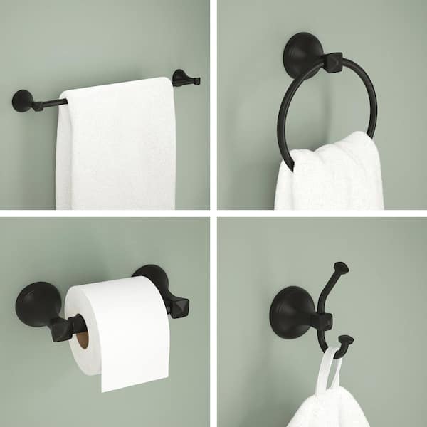 Esato 4-Piece Bathroom Hardware Set 18 in. Towel Bar, Toilet Paper Holder, Ring, Hook in Matte Black