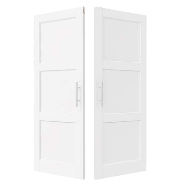 TENONER 64 in. x 80 in. Solid Wood and MDF, 3-Panel, White Primed, Pantry Door, Interior Door Slab With Ball Catch and Top Latch