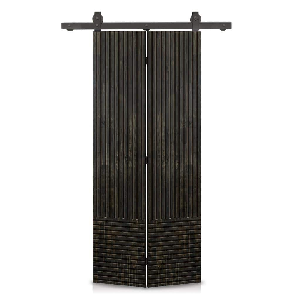 Japanese 26 in. x 80 in. Hollow Core Charcoal Black Stained Pine Wood Bi-Fold Barn Door with Sliding Hardware Kit price history on PriceWatchPro
