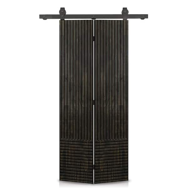 CALHOME Japanese 38 in. x 84 in. Hollow Core Charcoal Black Stained Pine Wood Bi-Fold Barn Door with Sliding Hardware Kit
