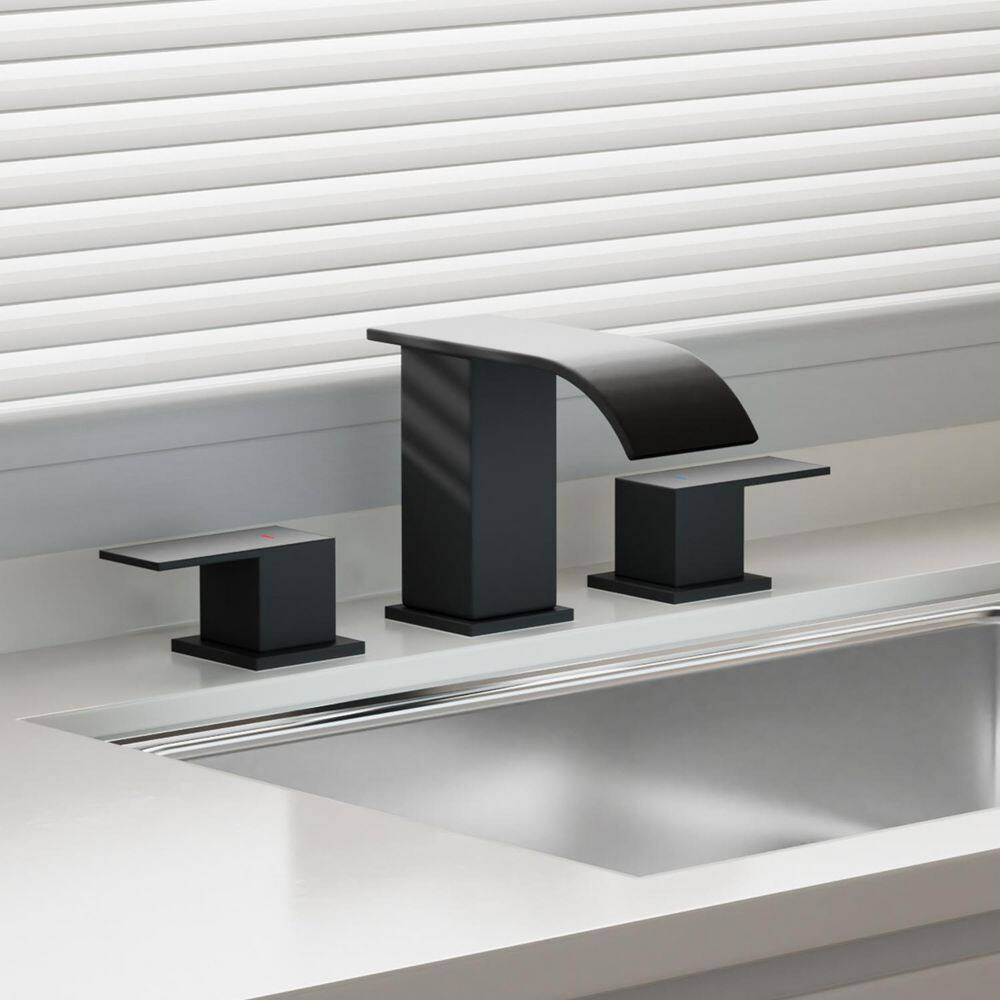 Curve Waterfall 8 in. Widespread 2-Handle Bathroom Faucet 3-Hole Bath Sink Faucet with Pop-Up Drain in Matte Black price history on PriceWatchPro