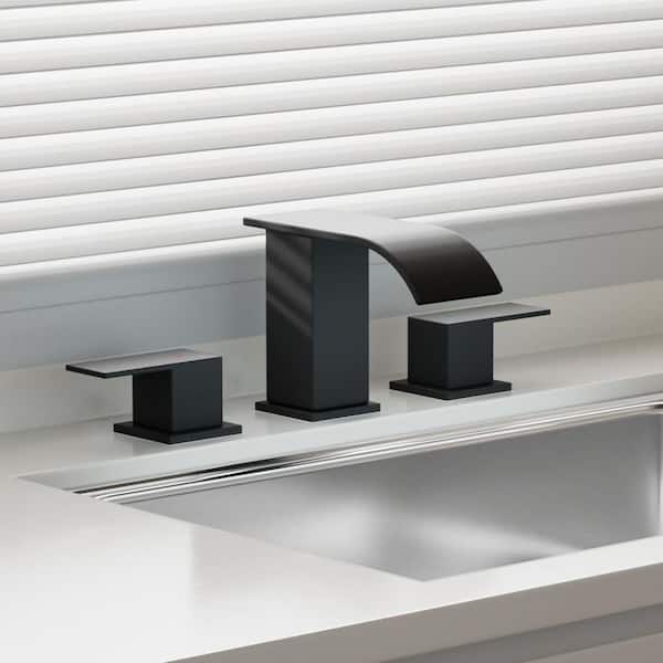 Curve Waterfall 8 in. Widespread 2-Handle Bathroom Faucet 3-Hole Bath Sink Faucet with Pop-Up Drain in Matte Black