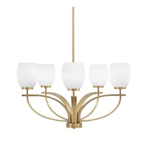 Olympia 5-Light New Age Brass Round Chandelier with 5 in. White Linen Glass Shades, No bulbs included