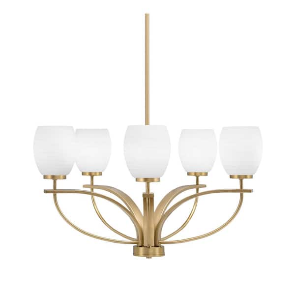 Unbranded Olympia 5-Light New Age Brass Round Chandelier with 5 in. White Linen Glass Shades, No bulbs included
