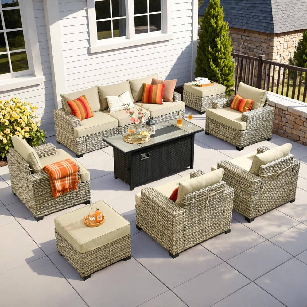 Kelleys 10-Piece Wicker Modern Outdoor Patio Conversation Sofa Seating Set with a Metal Fire Pit and Beige Cushions