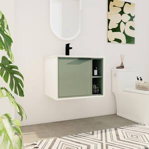 Modern 24 in. W x 18.3 in. D x 18.5 in. H Single Sink Floating Bath Vanity in Green with White Ceramic Top