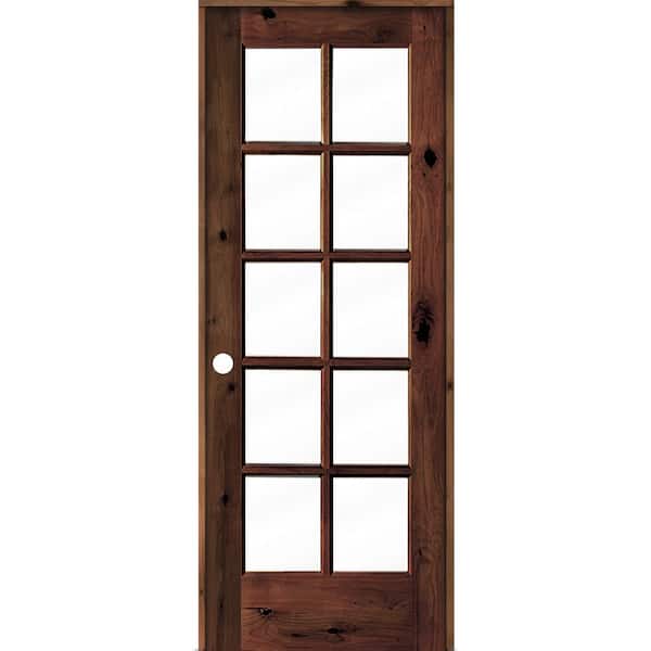 Krosswood Doors 28 in. x 80 in. Knotty Alder Right-Handed 10-Lite Clear Glass Red Mahogany Stain Wood Single Prehung Interior Door