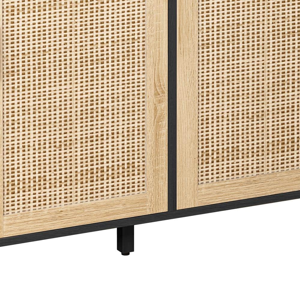 Black Particle Board and Rattan 4-Door Storage Cabinet with Adjustable Shelving