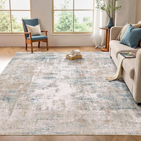 Van Gogh Beige/Blue 5 ft. x 7 ft. Modern Abstract Area Rug