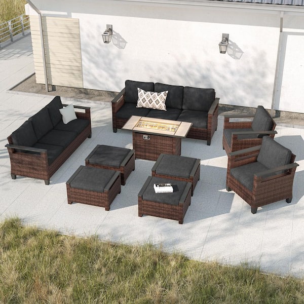 JOYESERY 9-Pieces Patio Conversation Set with Rectangle Fire Table Wide Armrests High Back Sofa Brown Wicker Black Cushion