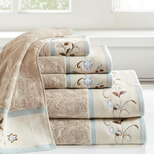 Belle 6-Piece Blue Embroidered Jacquard Cotton Bath Towel Set