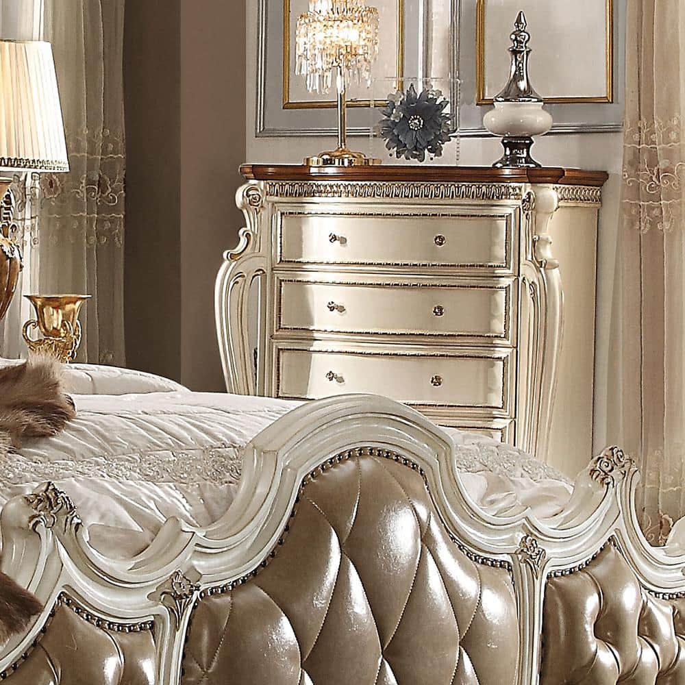 Picardy 46" Brown Tufted Wood Chest with Antique Pearl Finish