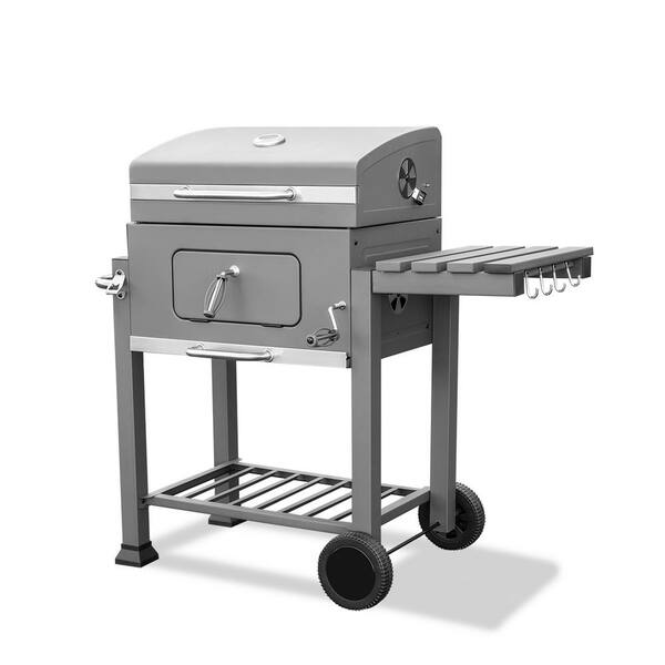 XtremepowerUS Deluxe Freestanding Cart-Style Charcoal Grill Outdoor BBQ Station in Gray with Thermometer and Foldable Side Shelves