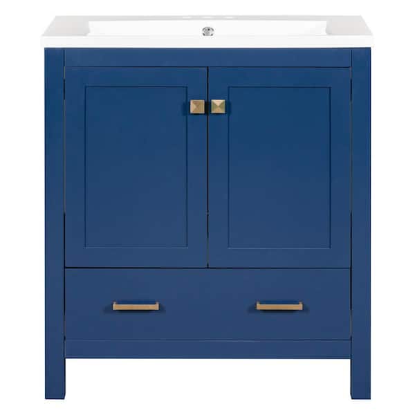 Ami 30 in. W Navy Blue Freestanding With White Resin Top Bathroom Vanity Cabinet With 1 Partitioned Drawer
