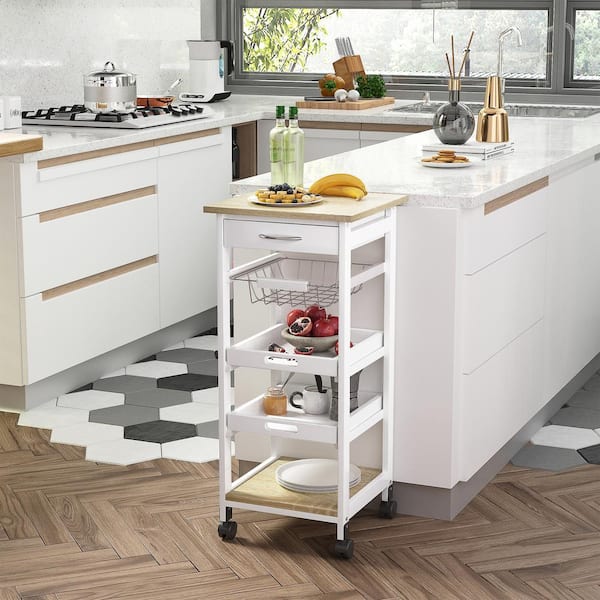 Tileon White Wood Kitchen Cart Rolling Serving Cart with Storage