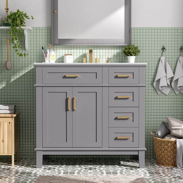 36 in. W Single Sink Solid Wood Frame Freestanding Bath Vanity in Gray with White Ceramic Top