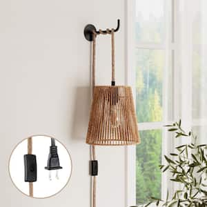 Atlas 8 in. W 1-Light Plug-in Wall Lamp, Bedside Reading Wall Sconce with Seagrass Shade and Woven Rope Accent